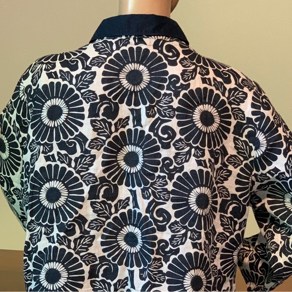 Flax Blue Floral Linen Tunic Top Blouse L Lagenlook Beach Resort Coastal - Picture 9 of 16